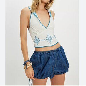 Free People Hello Lover Embroidery Halter White & Blue Cotton Top Size M - NEW